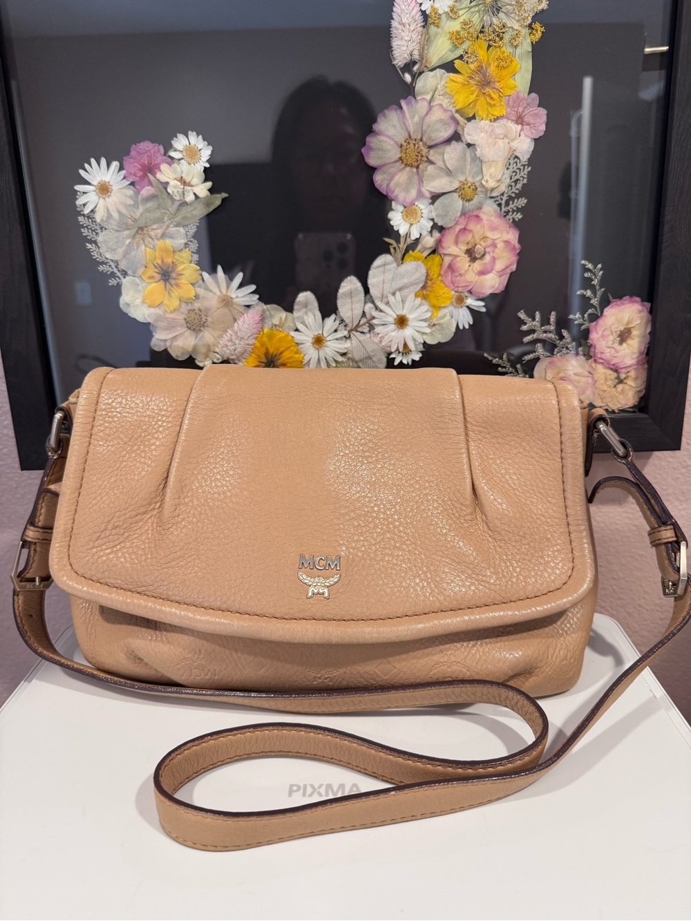 MCM Beige/Tan Leather Crossbody Bag with Pebbled Texture
